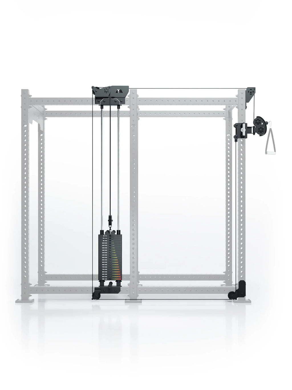 Atletica R8 Bradley 190 lb cable pulley attachment, left, 43-inch crossbar, position 4, front view on gray rack
