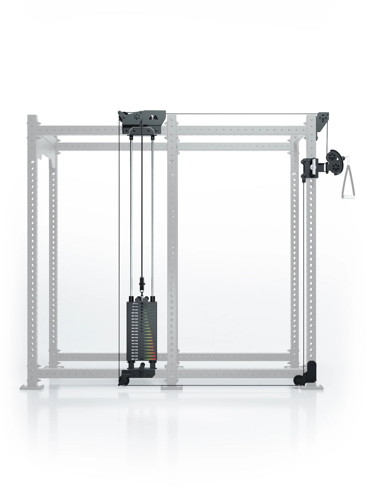 Atletica R8 Bradley 210 lb cable pulley attachment, left, 43-inch crossbar, position 4, front view on gray rack