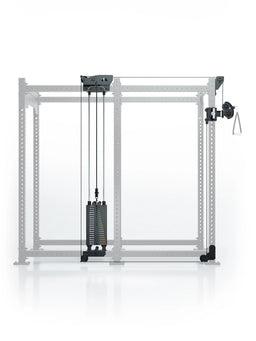 Atletica R8 Bradley 190 lb cable pulley attachment, left, 43-inch crossbar, position 4, front view on gray rack
