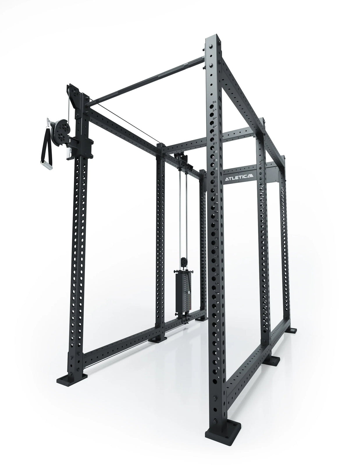 Atletica R8 Bradley 210 lb cable pulley attachment, left, 43 inch crossbar, on black rack, angled view