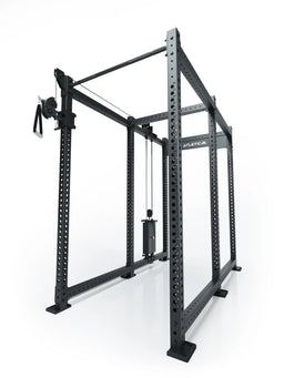 Atletica R8 Bradley 190 lb cable pulley attachment, left, 43 inch crossbar, on black rack, angled view