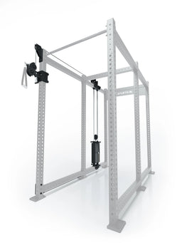 Atletica R8 Bradley 190 lb cable pulley attachment, left side, 43-inch crossbar, position 5, angled view