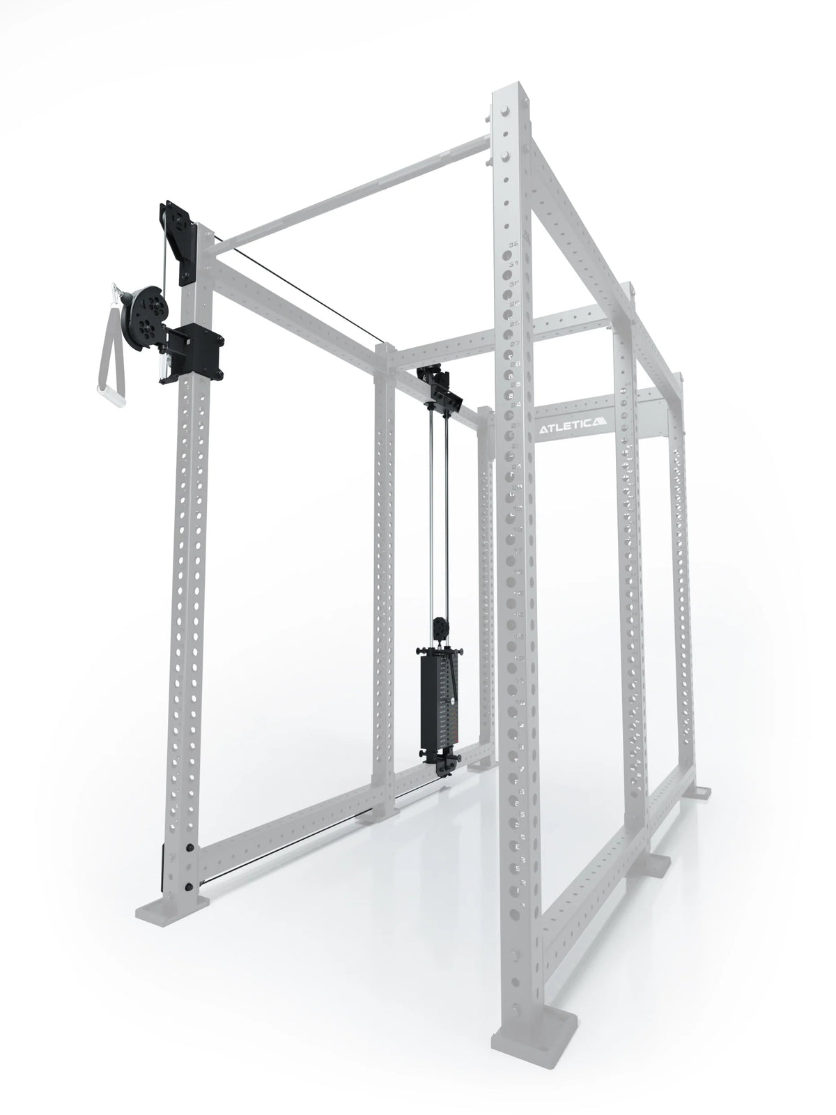 Atletica R8 Bradley 210 lb cable pulley attachment, left side, 43-inch crossbar, position 5, alternate angled render