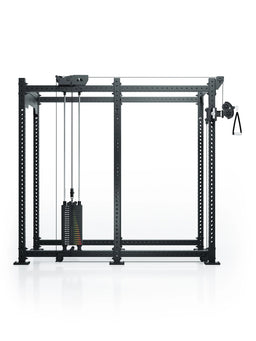 Atletica R8 Bradley 190 lb cable pulley attachment, left, 43 inch crossbar, on black rack, side view