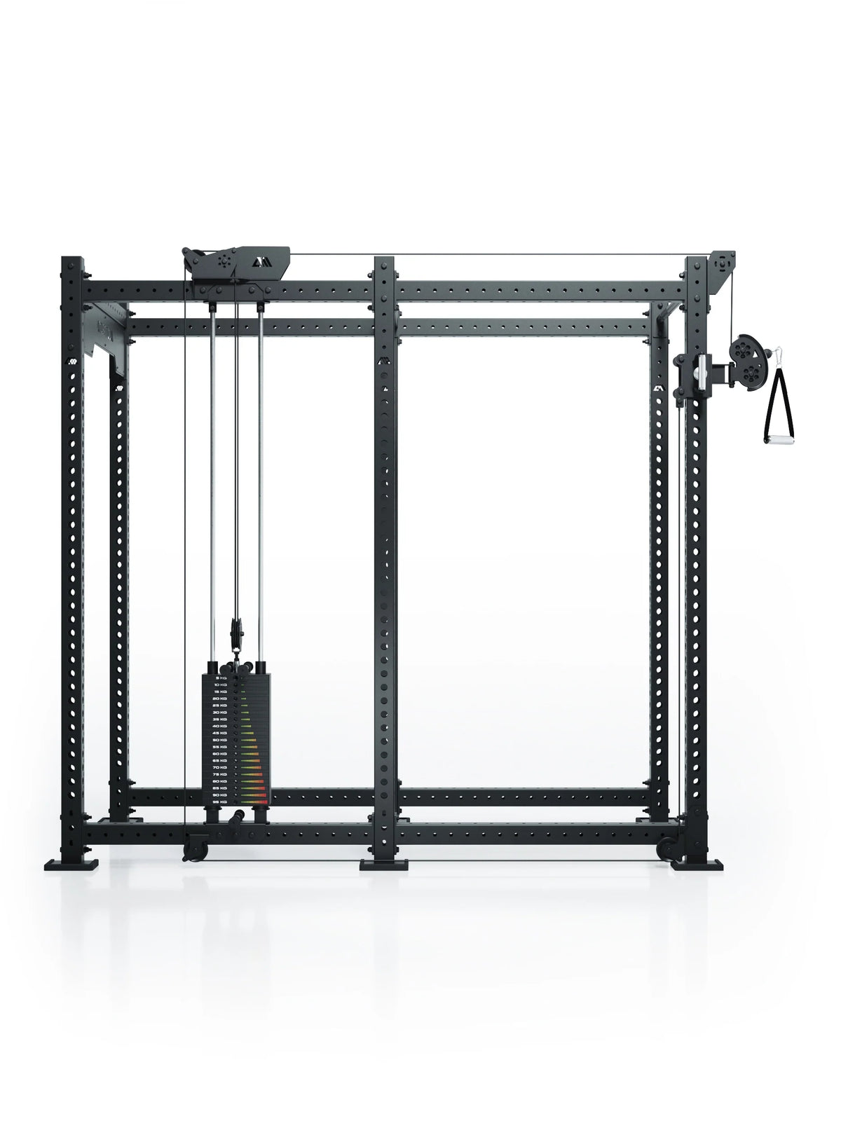 Atletica R8 Bradley 190 lb cable pulley attachment, left, 43 inch crossbar, on black rack, side view