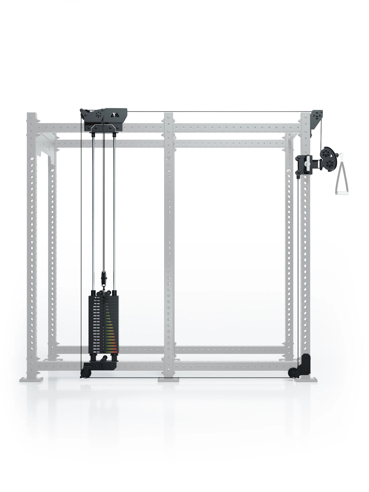 Atletica R8 Bradley 210 lb cable pulley attachment, left, 43 inch crossbar, on faded rack, side view