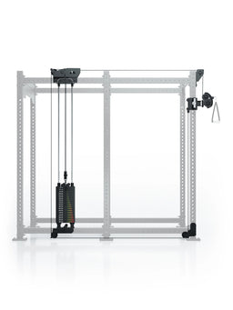 Atletica R8 Bradley 190 lb cable pulley attachment, left, 43 inch crossbar, on faded rack, side view