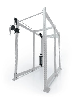 Atletica R8 Bradley 190 lb cable pulley attachment, left side, 43-inch crossbar, position 6, angled view