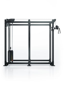 Atletica R8 Bradley 190 lb cable pulley attachment, left, 43 inch crossbar, mounted on a black rack, front view
