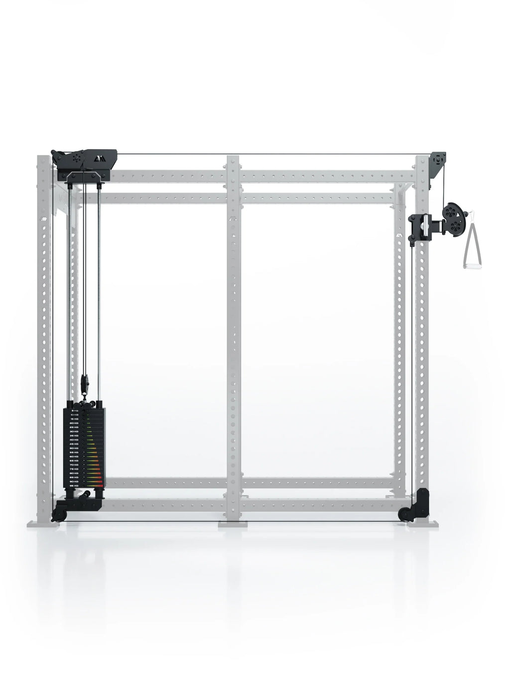 Atletica R8 Bradley 190 lb cable pulley attachment, left, 43 inch crossbar, on a gray rack outline, front view
