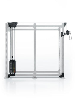 Atletica R8 Bradley 190 lb cable pulley attachment, left, 43 inch crossbar, on a gray rack outline, front view