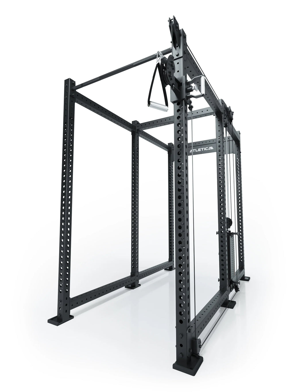 Atletica R8 Bradley 190 lb cable pulley attachment mounted right on a black power rack, angled view