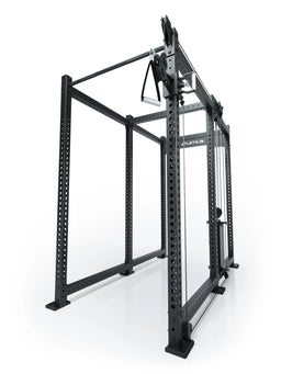 Atletica R8 Bradley 190 lb cable pulley attachment mounted right on a black power rack, angled view