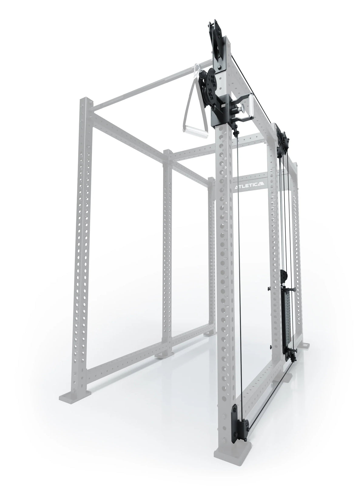 Atletica R8 Bradley 190 lb cable pulley attachment, right side, 43-inch crossbar, position 4, angled view