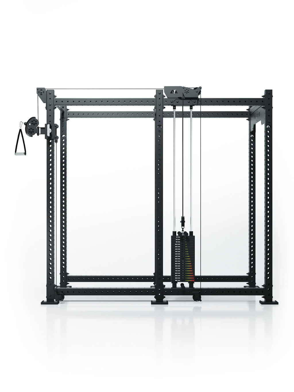 Atletica R8 Bradley 190 lb cable pulley attachment with 43-inch crossbar on a black power rack, front view