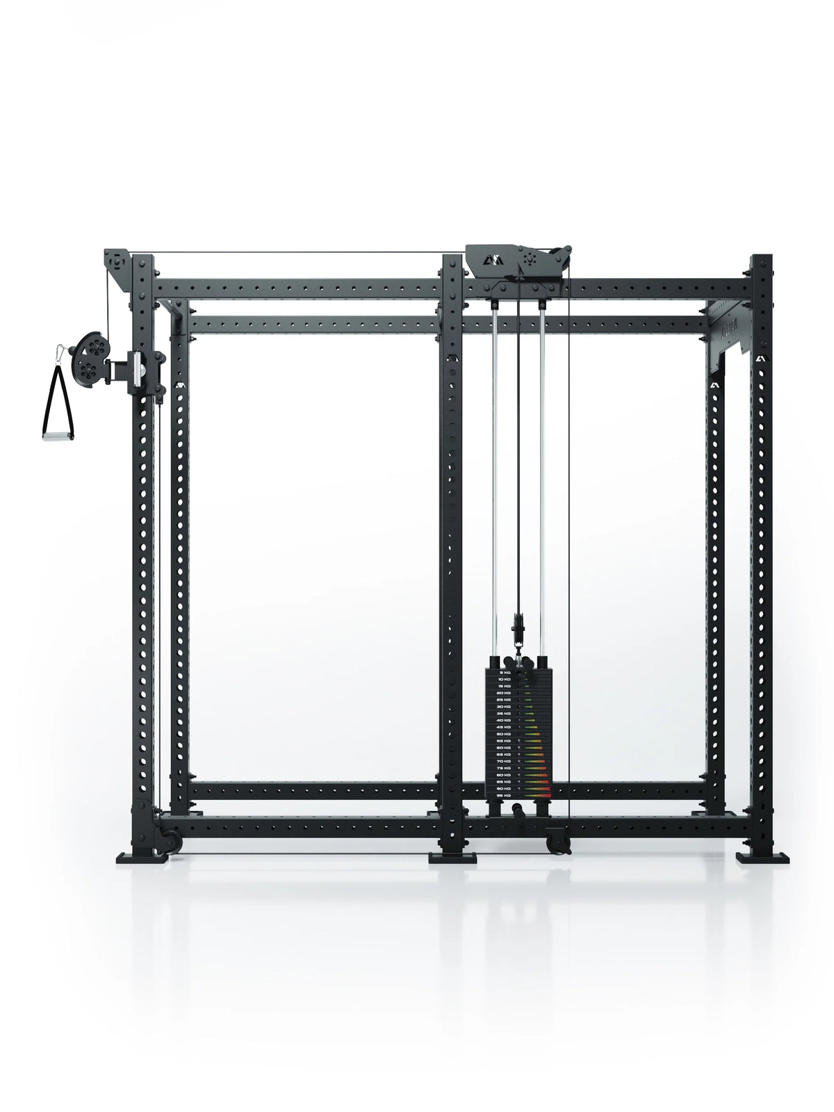 Atletica R8 Bradley 210 lb cable pulley attachment with 43-inch crossbar on a black power rack, front view