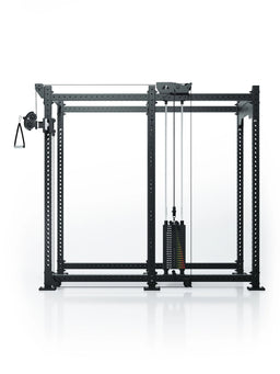 Atletica R8 Bradley 190 lb cable pulley attachment with 43-inch crossbar on a black power rack, front view