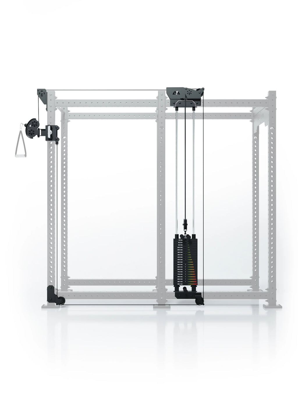 Atletica R8 Bradley 190 lb cable pulley attachment with 43-inch crossbar, highlighted on faded rack, front view