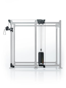 Atletica R8 Bradley 190 lb cable pulley attachment with 43-inch crossbar, highlighted on faded rack, front view