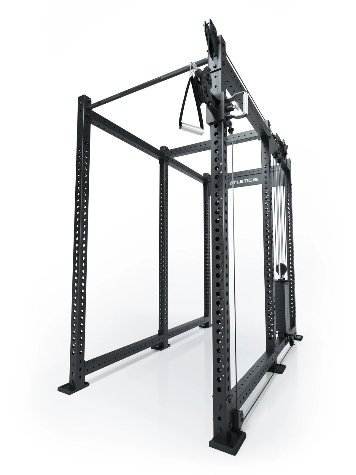 Atletica R8 Bradley 210 lb cable pulley attachment, right, 43-inch crossbar, position 5, angled view on black rack