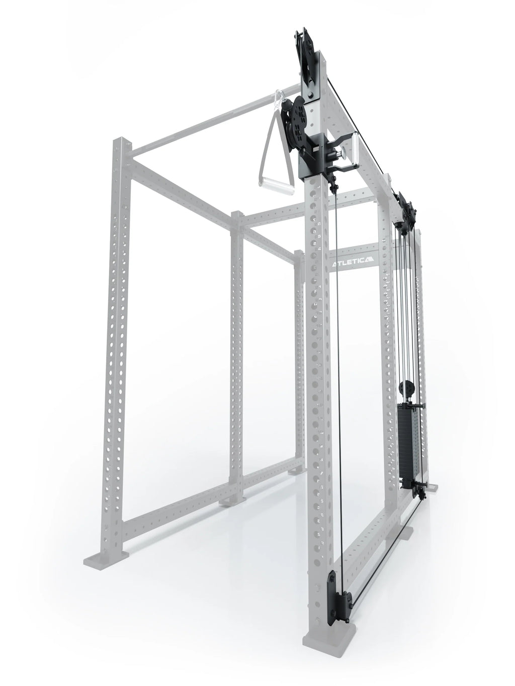 Atletica R8 Bradley 190 lb cable pulley attachment, right side, 43-inch crossbar, position 5, angled view