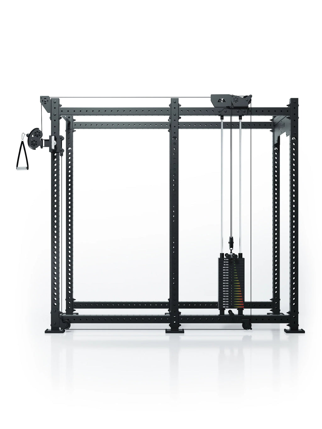 Atletica R8 Bradley 190 lb cable pulley attachment, right, 43-inch crossbar, position 5, front view on black rack