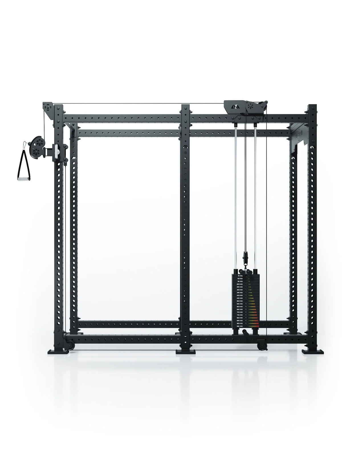 Atletica R8 Bradley 210 lb cable pulley attachment, right, 43-inch crossbar, position 5, front view on black rack