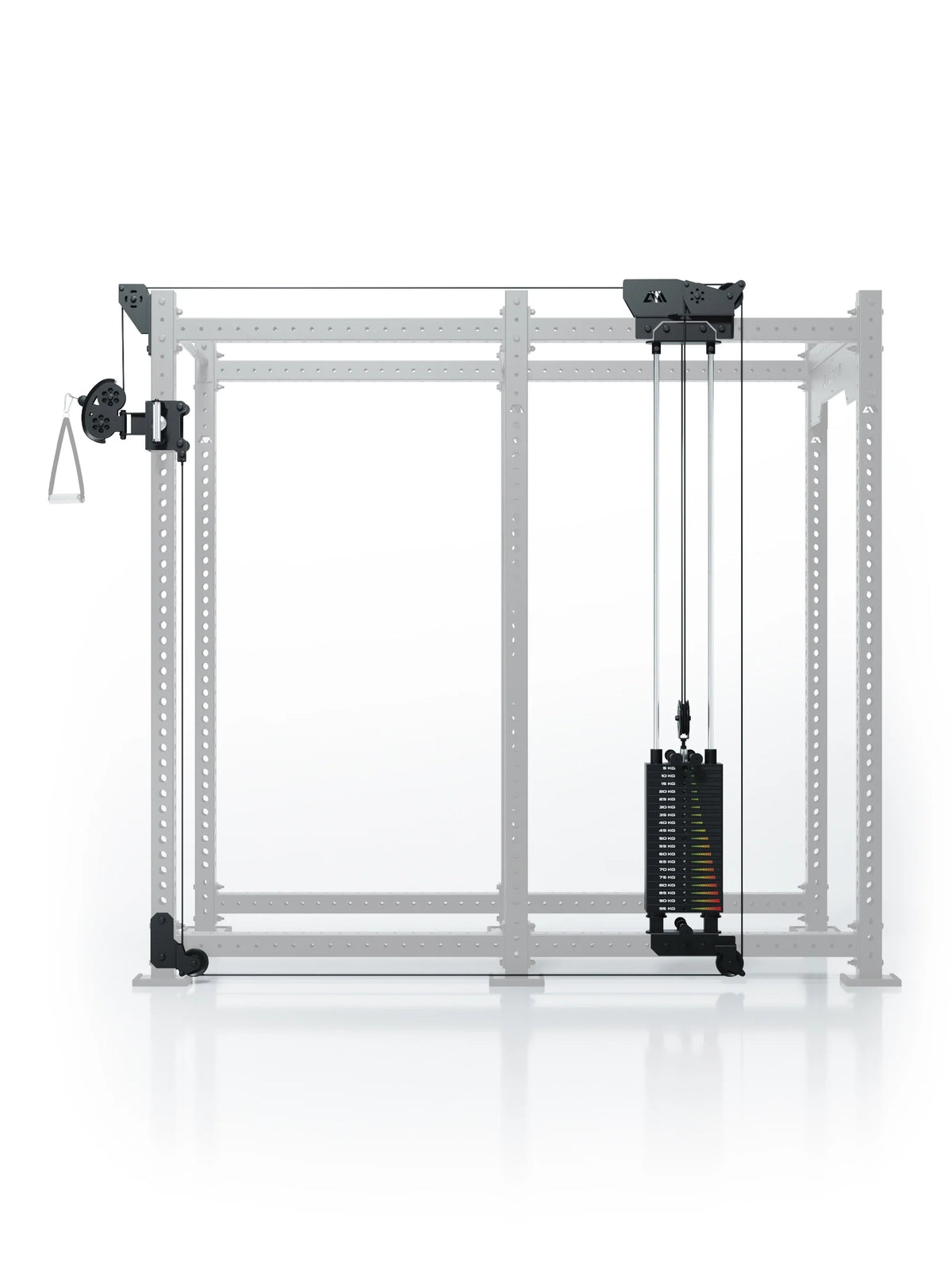 Atletica R8 Bradley 210 lb cable pulley attachment, right, 43-inch crossbar, position 5, front view on gray rack