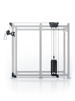 Atletica R8 Bradley 190 lb cable pulley attachment, right, 43-inch crossbar, position 5, front view on gray rack