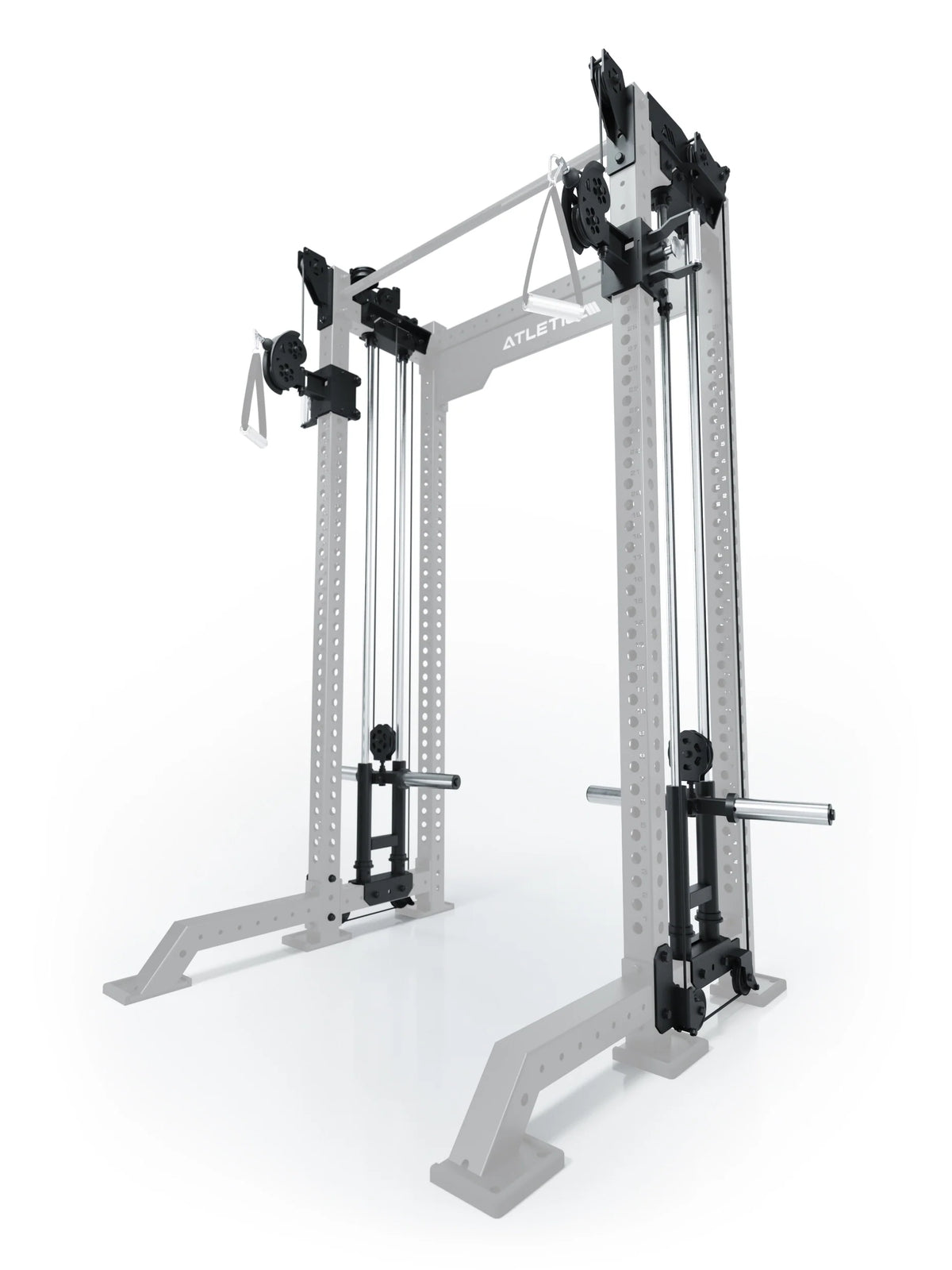 Atletica R8 Bradley plate loaded dual cable attachment, 16.5-inch crossbar, position 1, angled view