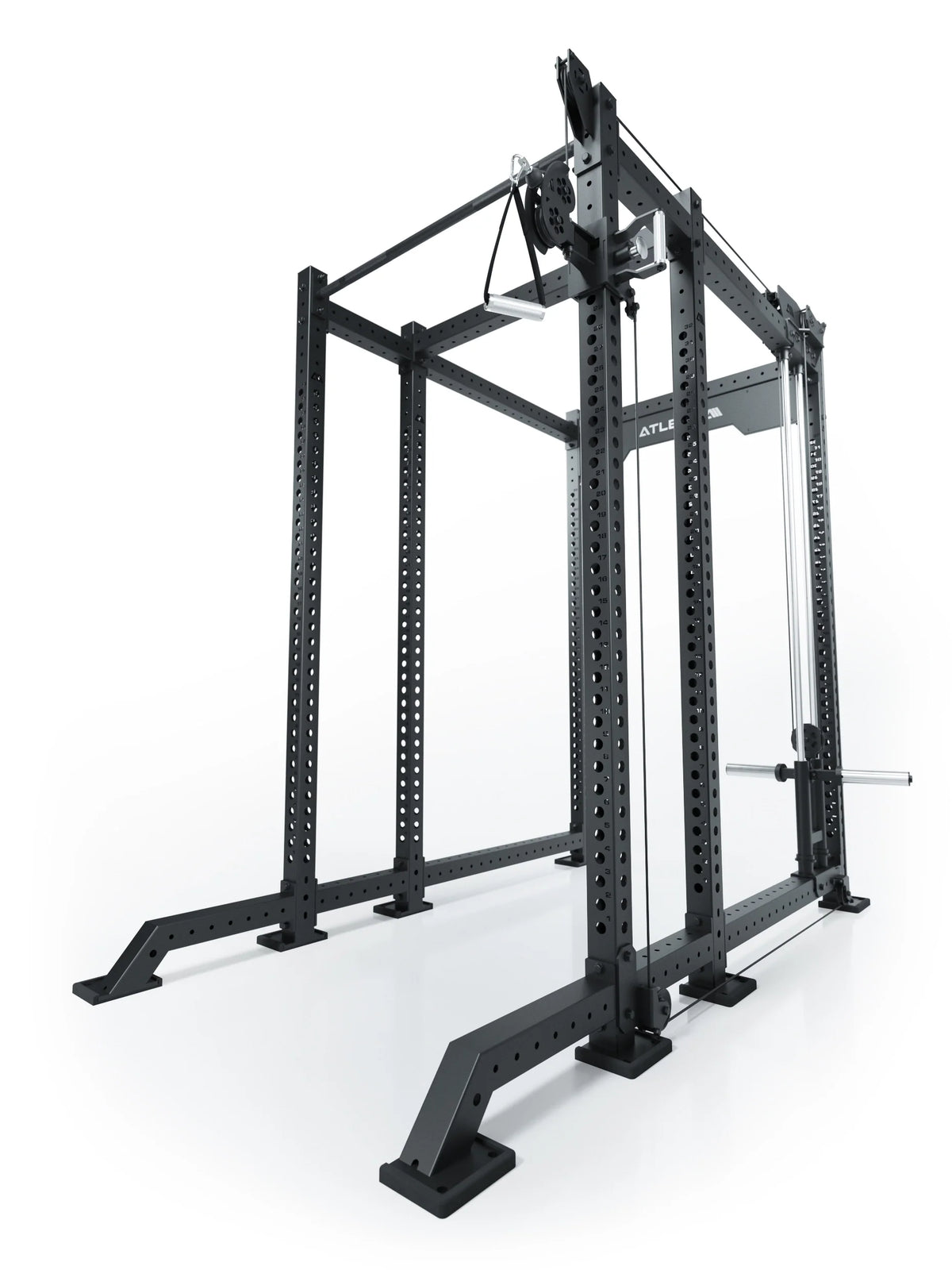 Atletica R8 Bradley plate-loaded cable attachment, right, 16.5 inch, on a black power rack, angled view