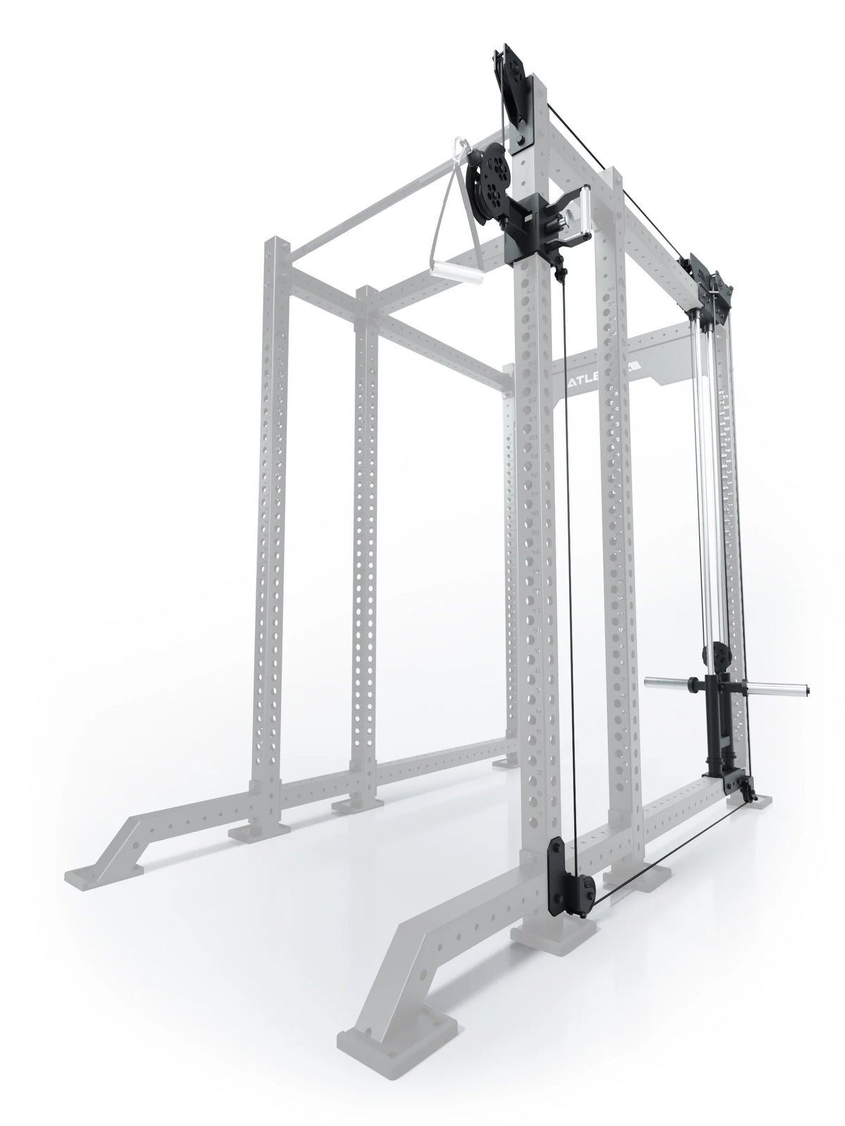 Atletica R8 Bradley plate-loaded cable attachment, right, 16.5 inch, on a rack shown in outline, angled view
