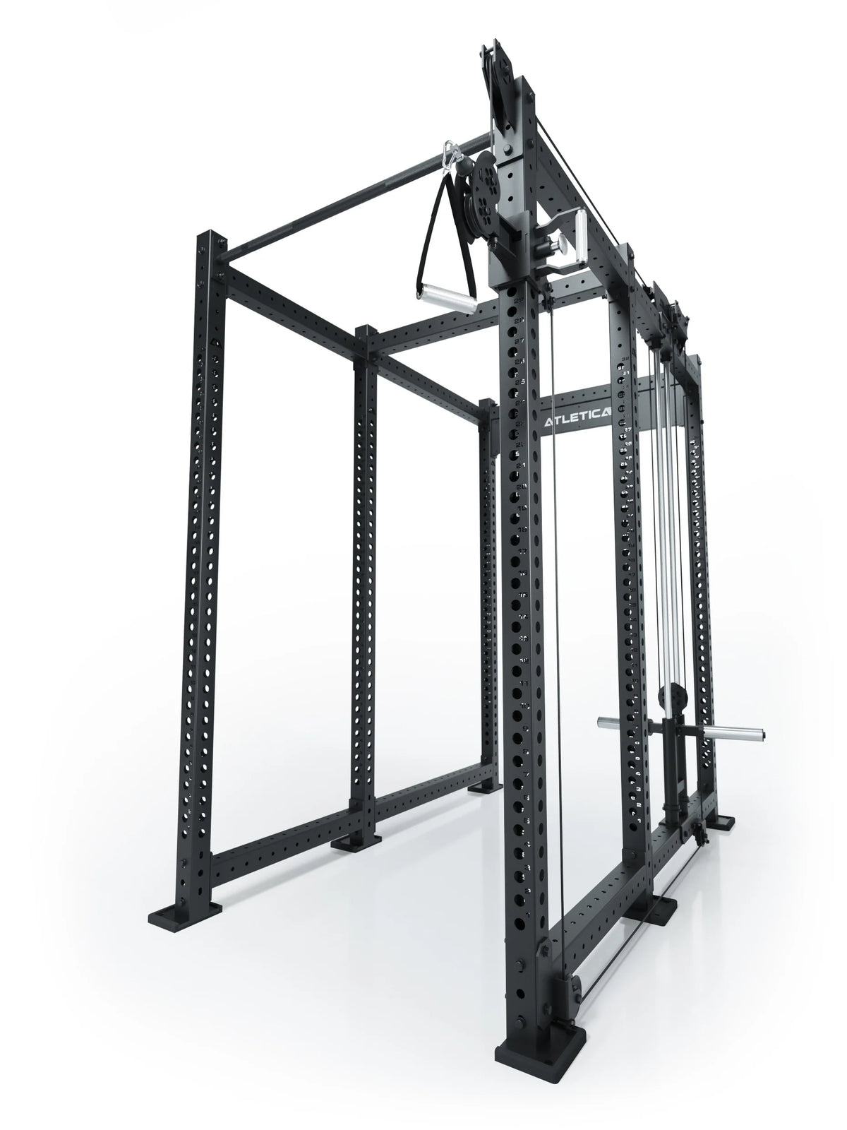 Atletica R8 Bradley plate-loaded cable attachment, right, 30.5 inch, on a black rack, angled view