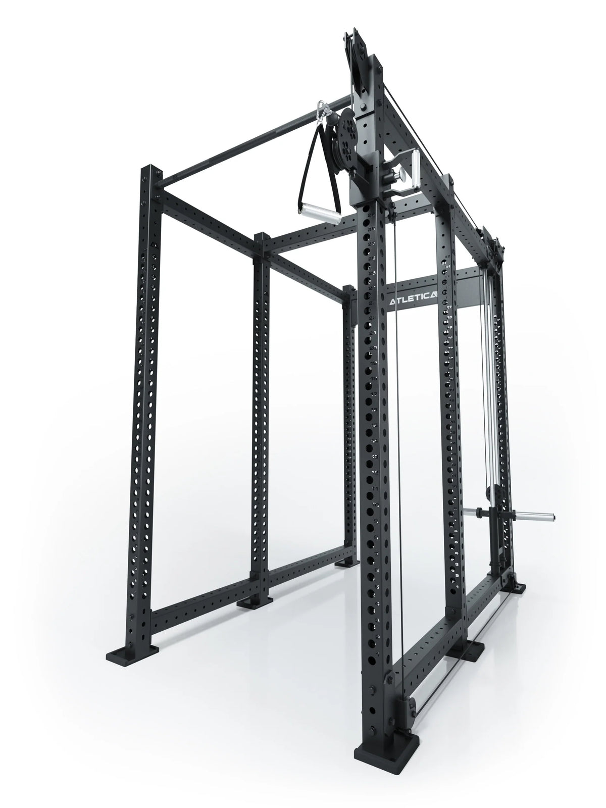 Atletica R8 Bradley plate loaded cable attachment, right, 30.5-inch crossbar, position 6, angled view on black rack