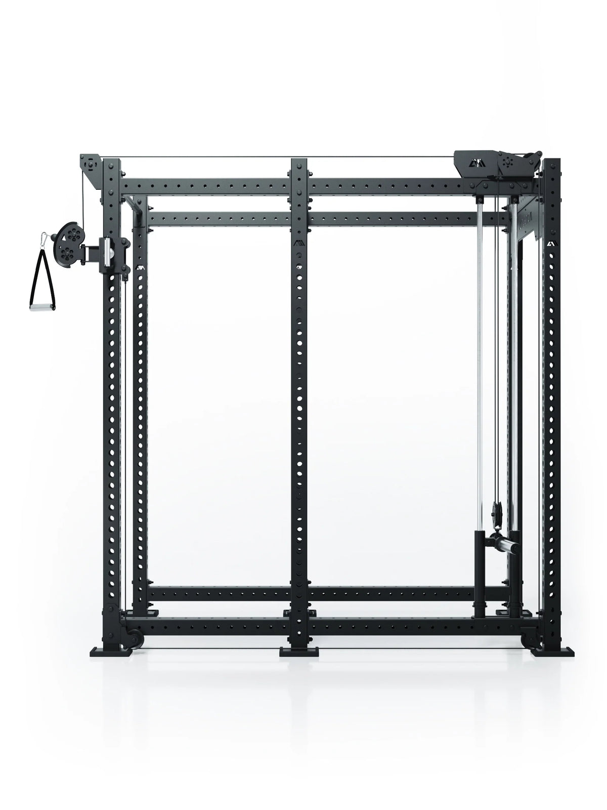 Atletica R8 Bradley plate loaded cable attachment, right, 30.5-inch crossbar, position 6, front view on black rack