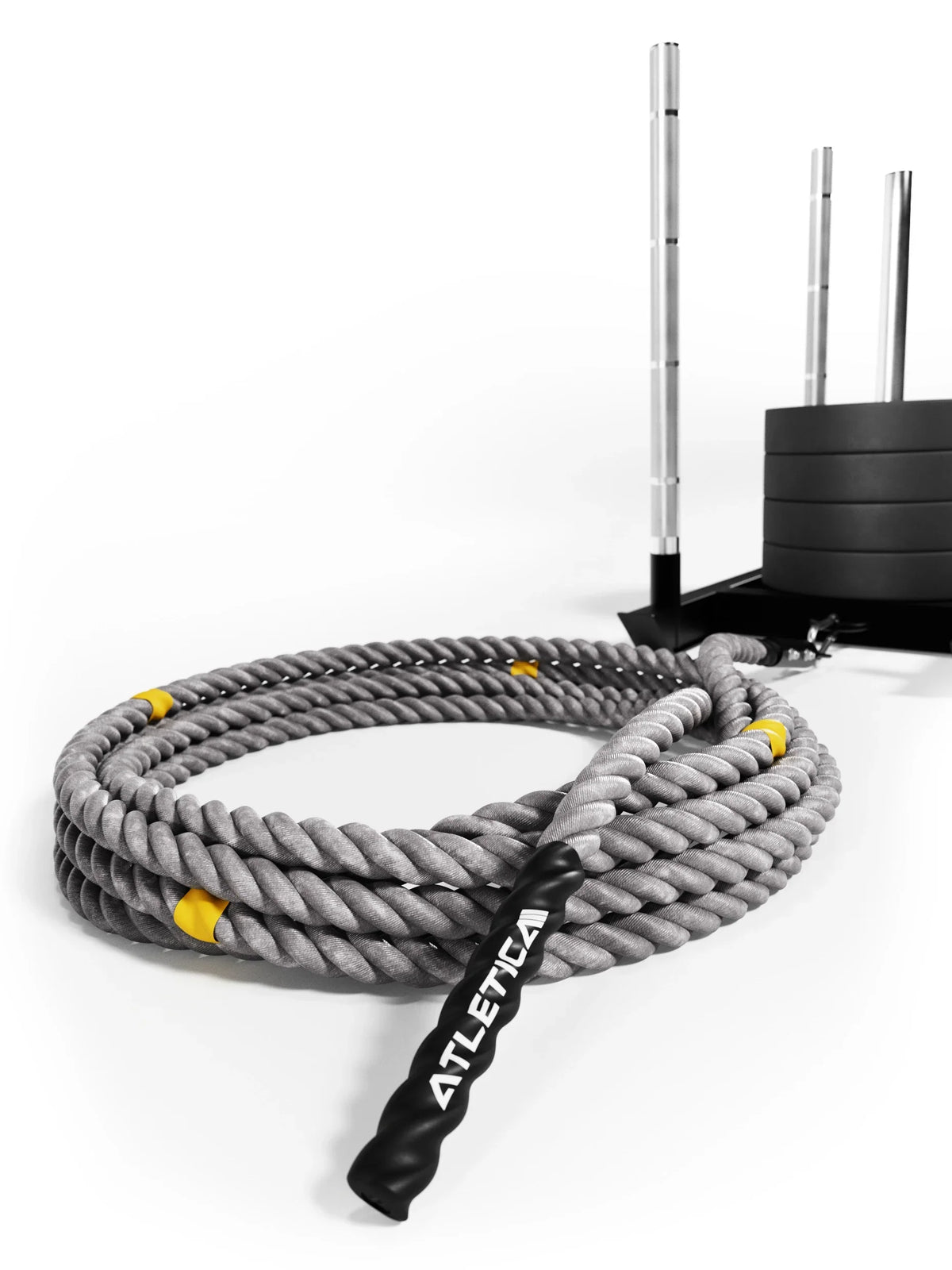 Atletica HRX Power Rope 50 ft - rolled-up training rope and HRX Sled in the background