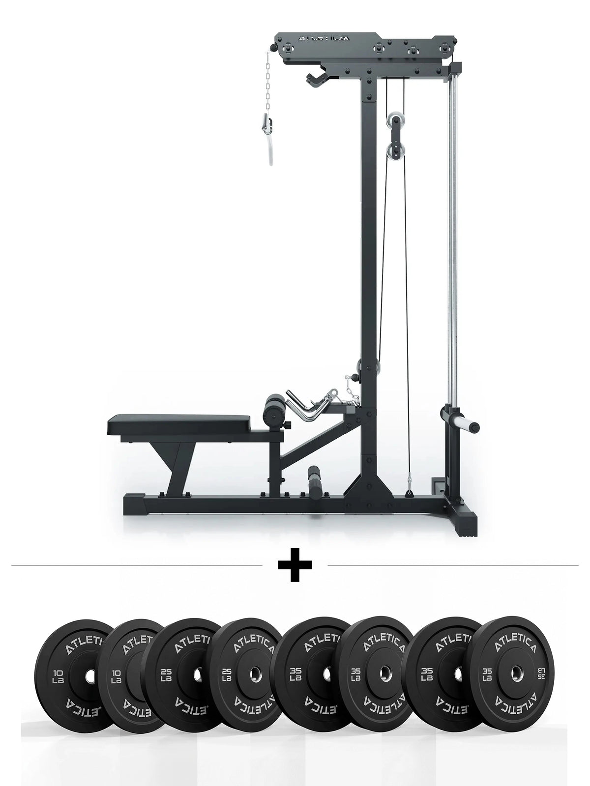 Atletica Lat Pulldown with low row and Bumper Plates 210 lb Plate Loaded SET