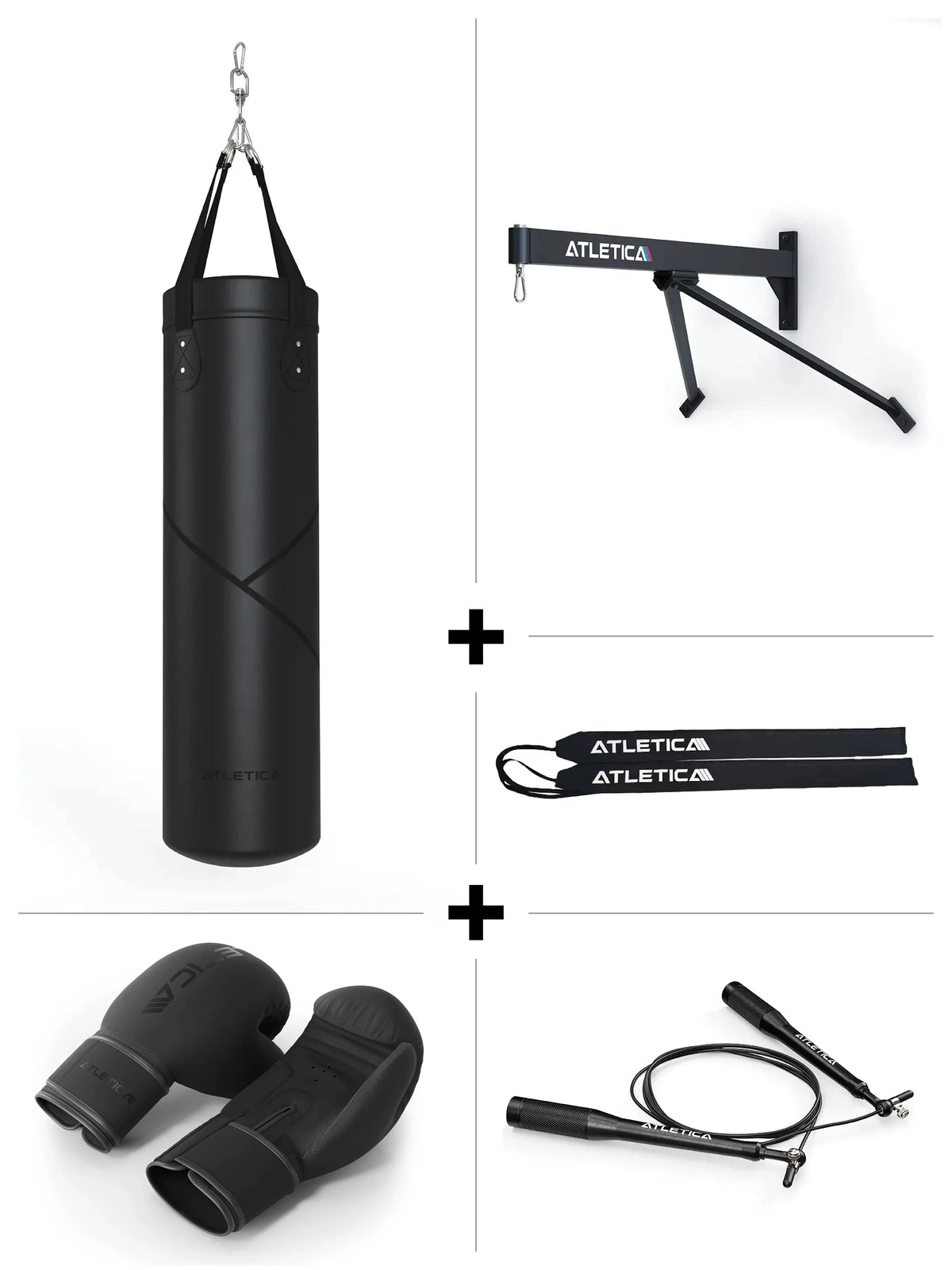 Atletica BBX Set - black punching bag, wall mount, hand wraps, boxing gloves, J1 jump rope