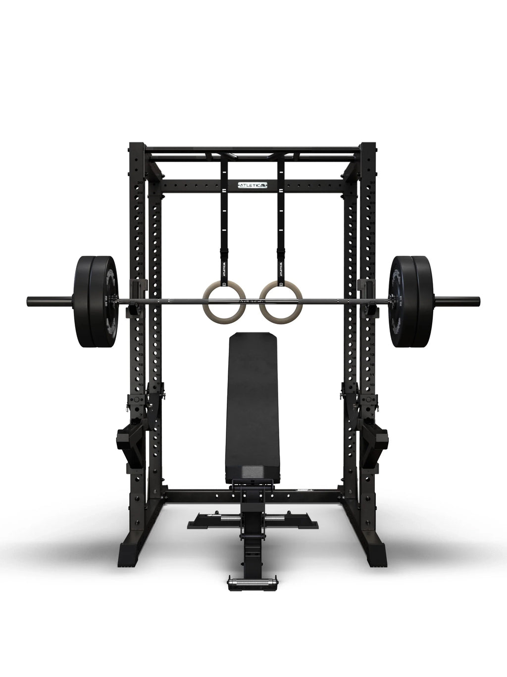 R7 Root Power Rack 80" with Performance J-Hooks, Spotter Arms, Multi-Grip Pull Up Bar, Raptor weight bench, barbell with Bumper Plates and wooden gymnastic rings