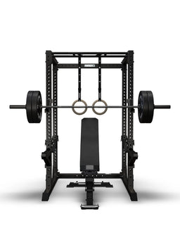 R7 Root Power Rack 80" with Performance J-Hooks, Spotter Arms, Multi-Grip Pull Up Bar, Raptor weight bench, barbell with Bumper Plates and wooden gymnastic rings