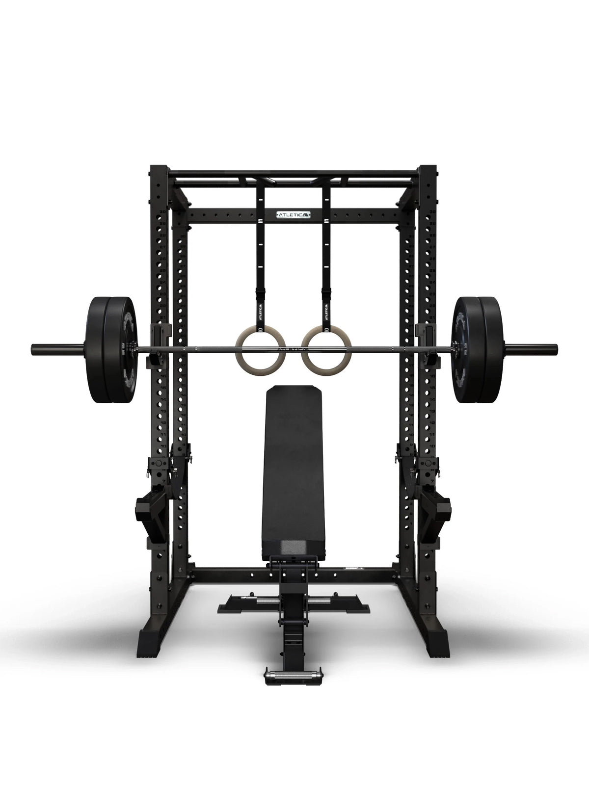 R7 Root Power Rack 80" with Performance J-Hooks, Spotter Arms, Multi-Grip Pull Up Bar, Raptor weight bench, barbell with Bumper Plates and wooden gymnastic rings