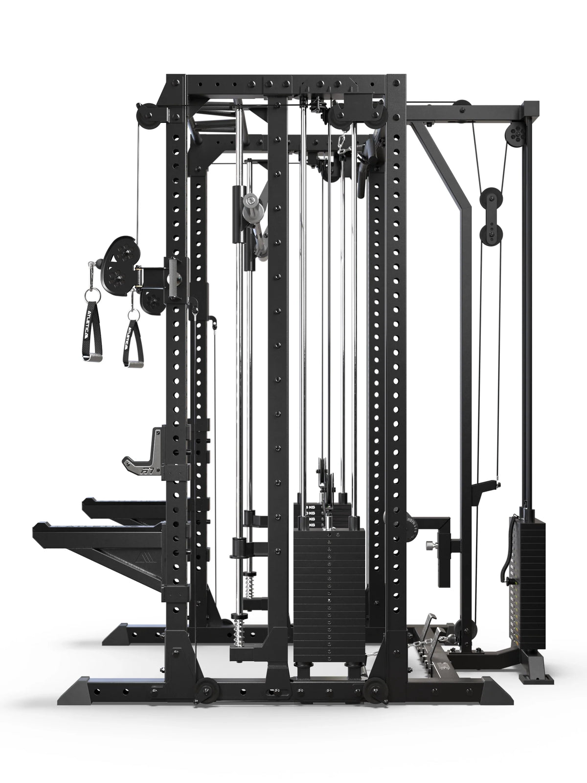 R7-Fighter Power Rack with side view of the lat pulldown and low row, two weight stacks and guided Barbell