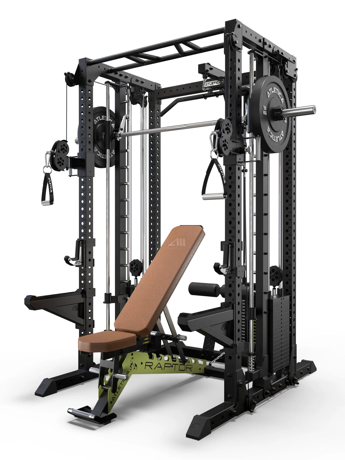R7-Fighter Power Rack with Raptor adjustable Weight Bench in brown version, integrated Smith Machine and Functional Trainer
