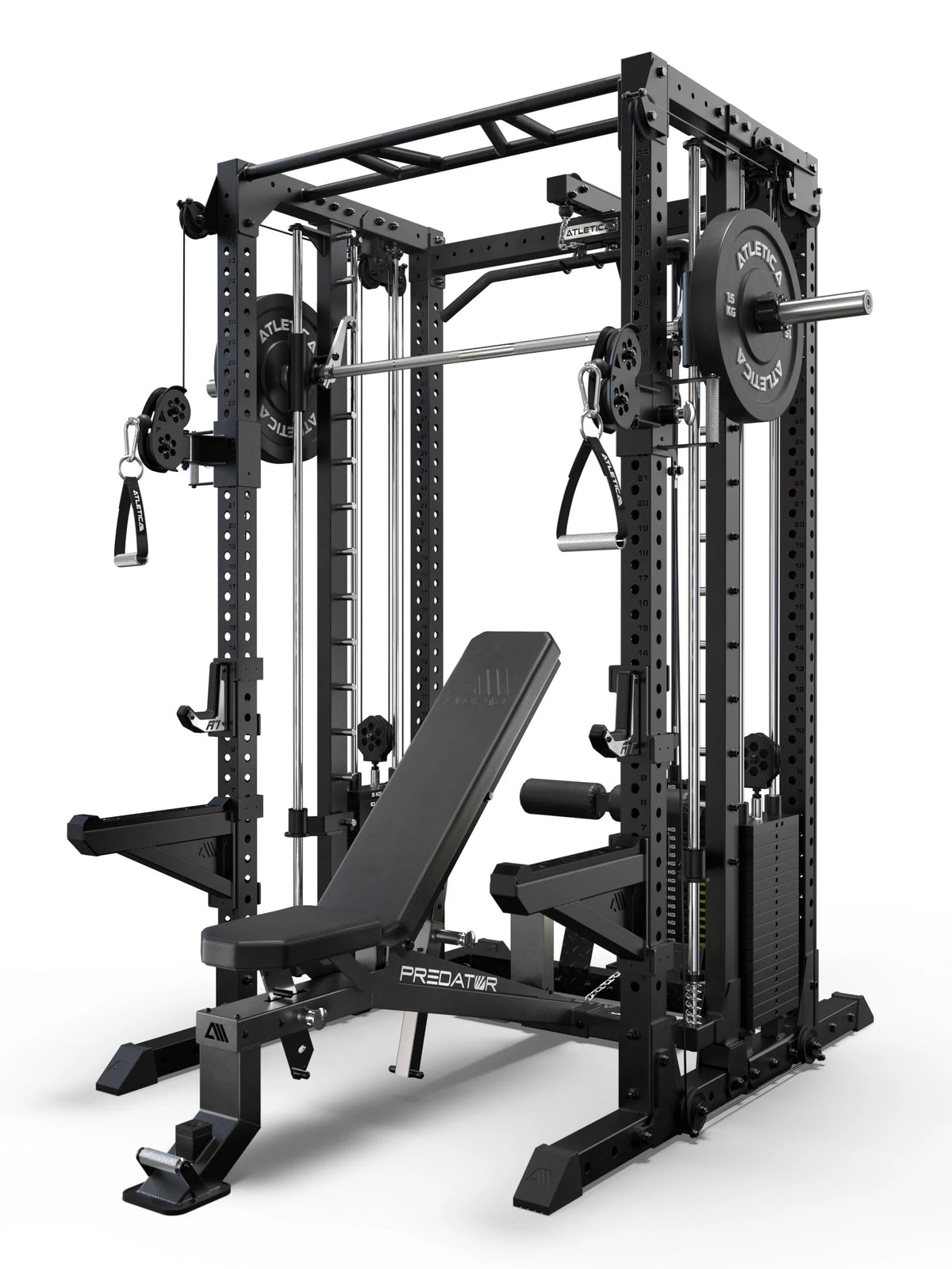 R7-Fighter Power Rack with Predator adjustable Weight Bench in black finish and integrated Smith Machine