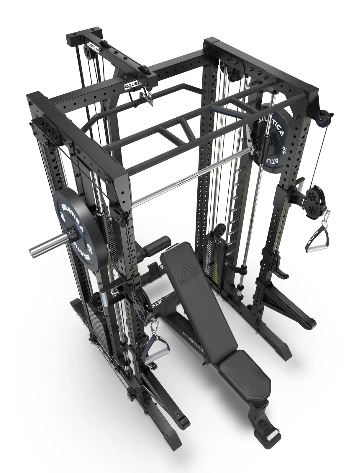 R7-Fighter Power Rack with Predator Adjustable Weight Bench in top view with Multi-Grip Pull-Up Bar and functional trainer
