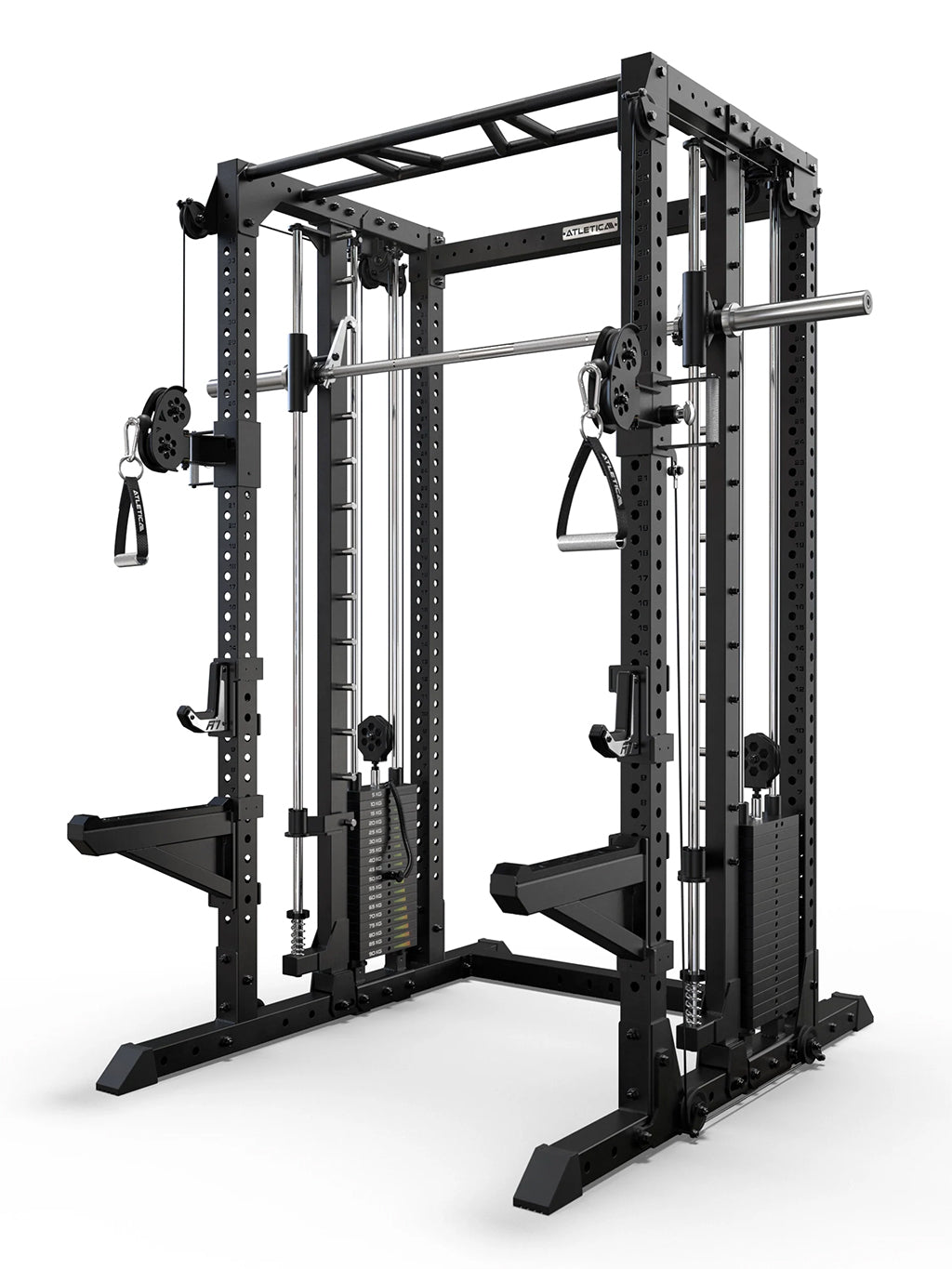 Atletica R7 Fighter Base Power Rack with integrated Functional Trainer, Smith Machine and Multi-Grip Pull-Up Bar in black steel construction