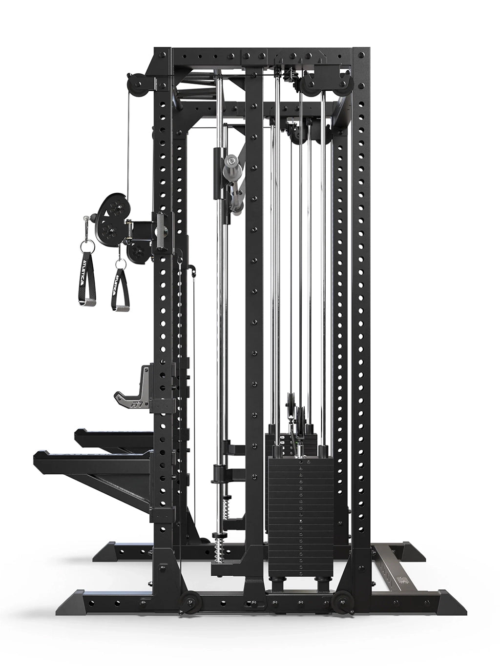 R7 Fighter Base Power Rack side view with guided Barbell, dual weight stacks and cable pulley modules