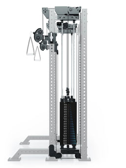 Atletica R8 Bradley Cable Pulley Attachment 16.5" Crossbar on the Power Rack with 250 lb plug-in weights