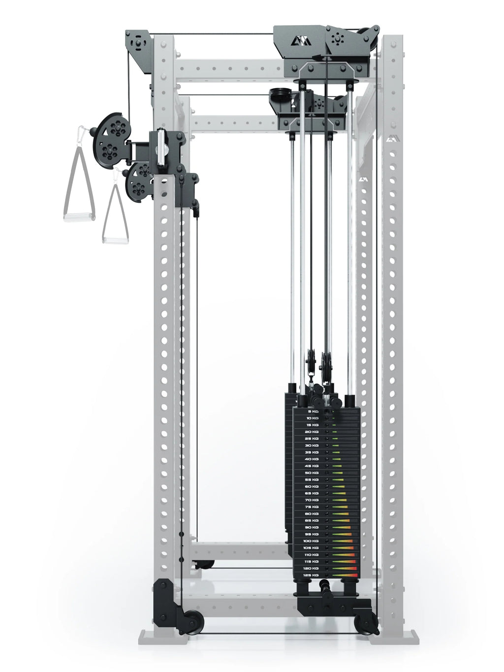 R8 Bradley Upgrade cable pulley attachment with weight stack, 30.5" Crossbar at the rear of the Power Rack