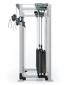 R8 Bradley Upgrade cable pulley attachment with weight stack, 30.5" Crossbar at the rear of the Power Rack